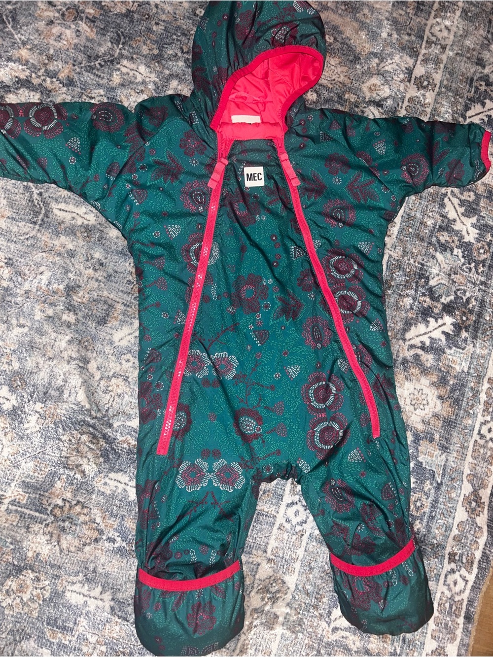 MEC Kids Floral Snowsuit One-Piece in Teal with Pink Trim 6M